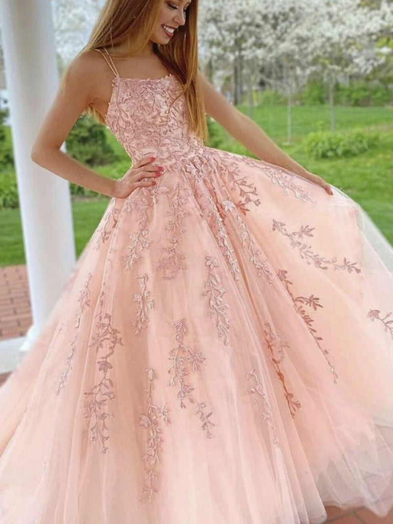 Pink Lace Long Prom Dresses, Pink Lace Long Formal Evening Dresses