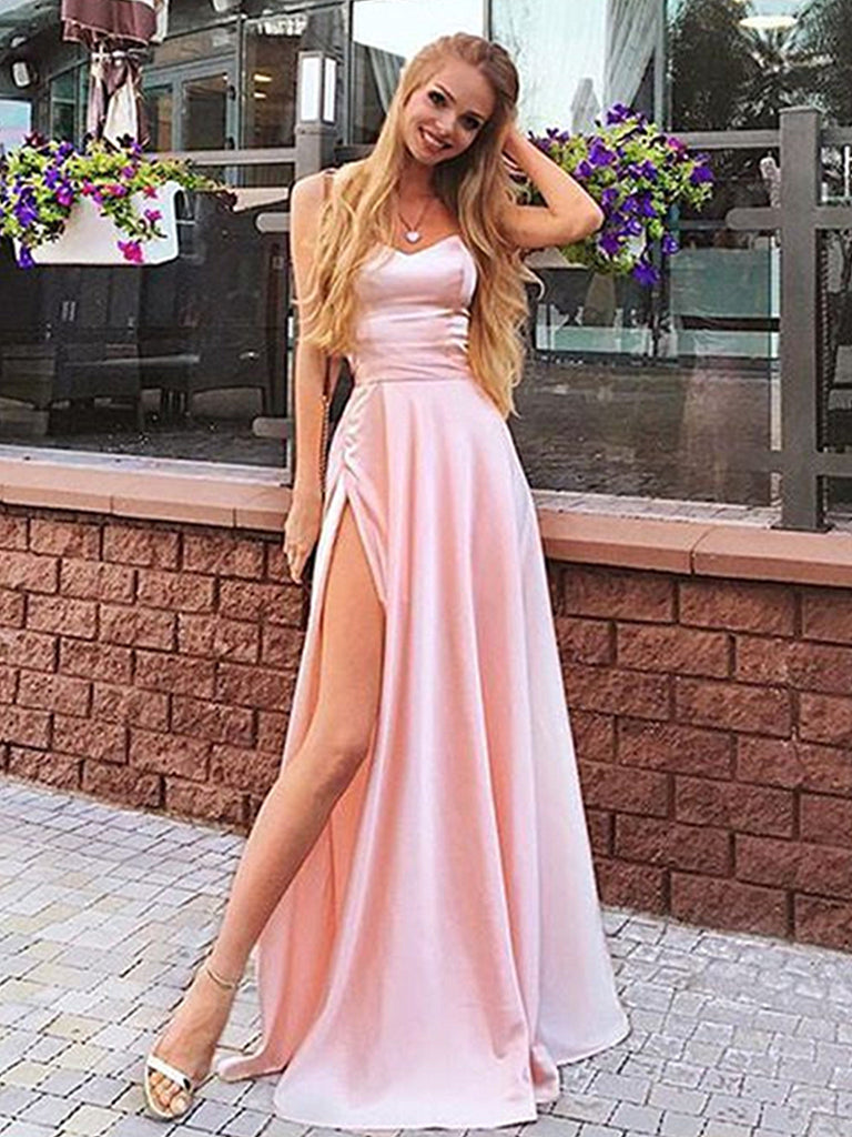 Pink Satin Long Prom Dresses, Pink Satin Long Formal Graduation