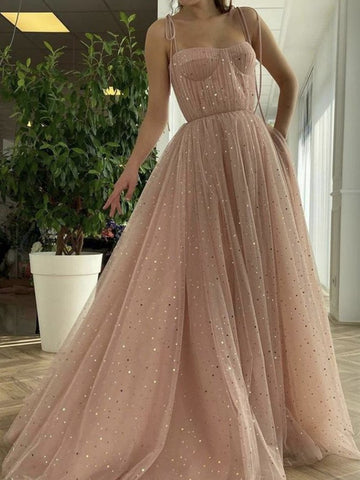 Pink Tulle Long Prom Dresses, Pink Tulle Long Formal Evening Dresses