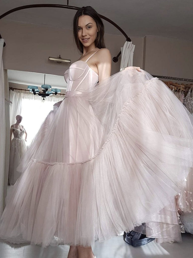 Pink Tulle Tea Length Prom Dresses, Pink Tea Length Formal Evening Dresses