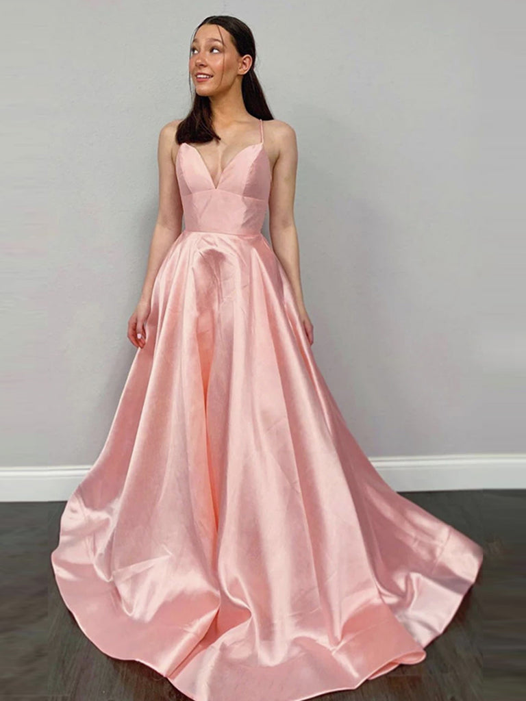 Pink V Neck Backless Satin Long Prom Dresses, Pink V Neck Long Satin Formal Evening Dresses