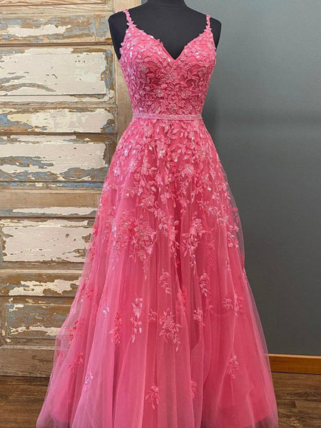 Pink V Neck Lace Long Prom Dresses, Pink V Neck Long Lace Formal Graduation Dresses