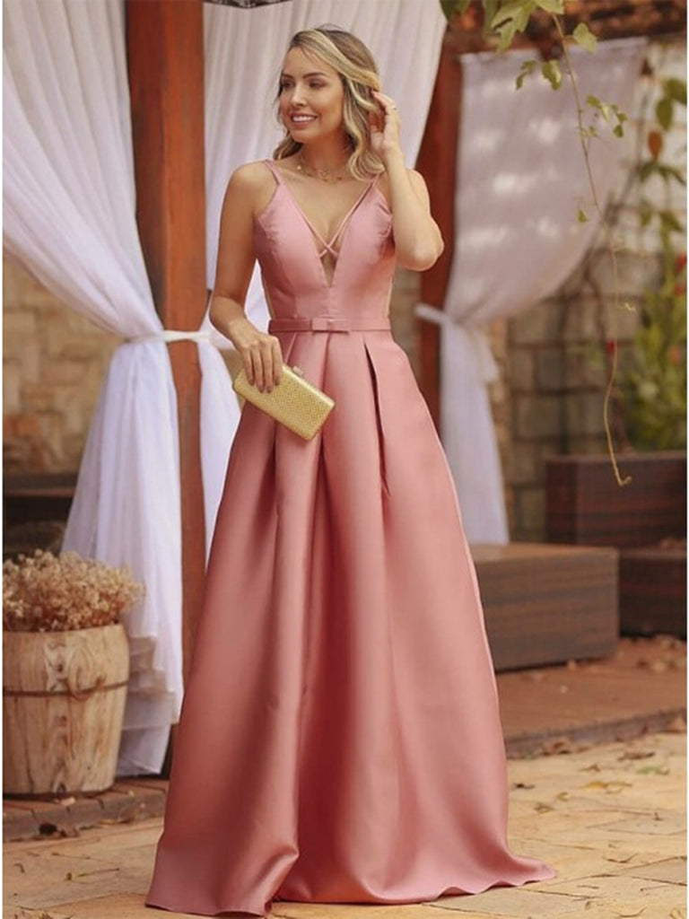 Pink V Neck Satin Long Prom Dresses, V Neck Pink Long Formal Evening Dresses