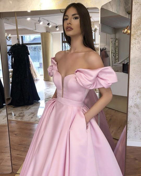 Pink Off Shoulder Long Prom Dresses, Off the Shoulder Pink Floor Length Formal Graduation Evening Dresses