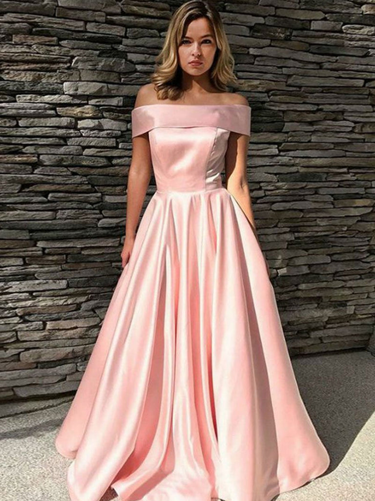 Pink Off Shoulder Satin Prom Dress Long, Off the Shoulder Pink Satin Long Formal Graduation Evening Dresses