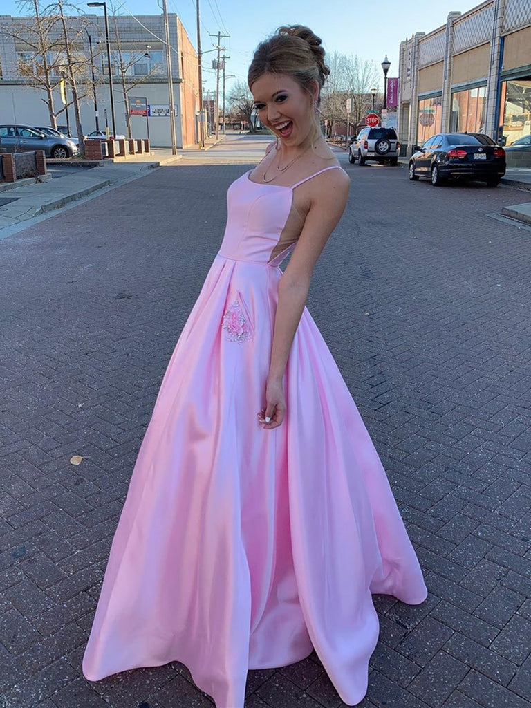 Pink Satin Prom Dress with Pockets, Pink Satin Long Formal Evening Dre jbydress Pink Satin Prom Dress with Pockets, Pink Satin Long Formal Evening Dre jbydress