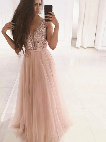 Pink V Neck Tulle Prom Dressses, Beaded Pink Long Formal Evening Dresses