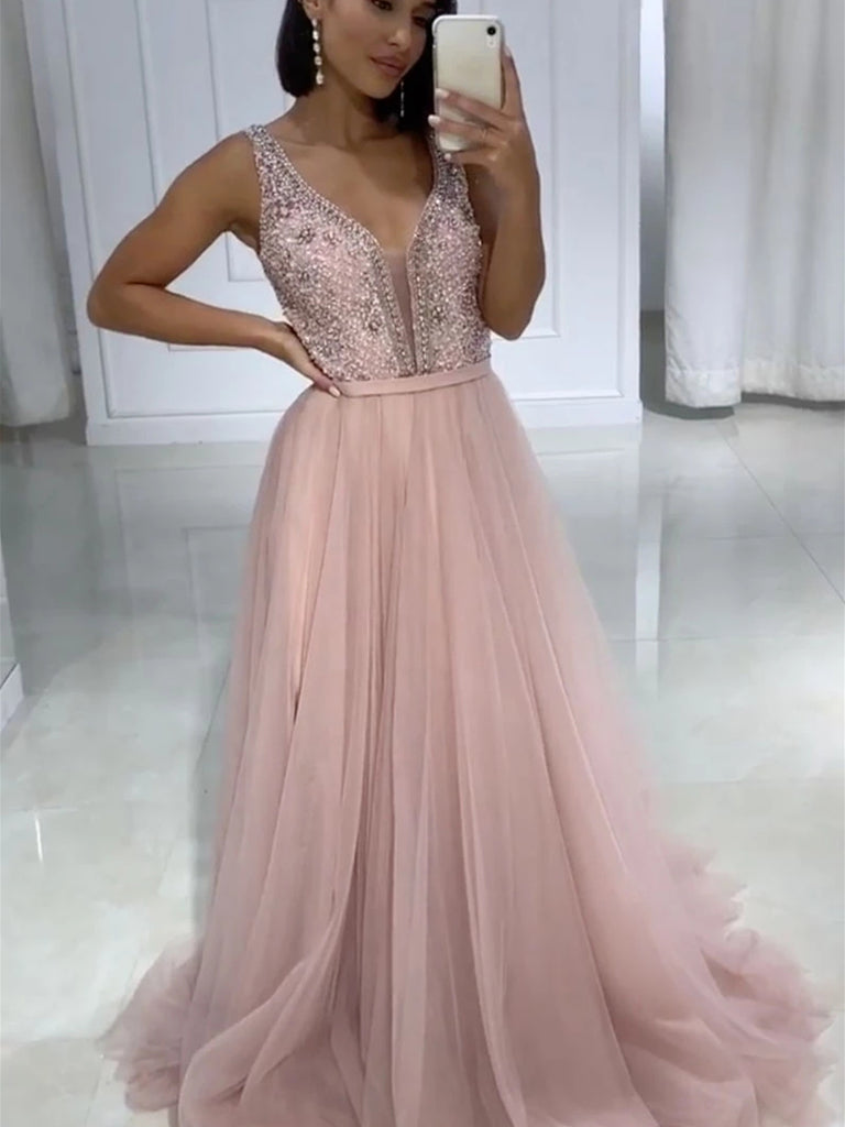 Pink V Neck Tulle Prom Dressses, Beaded Pink Long Formal Evening Dresses