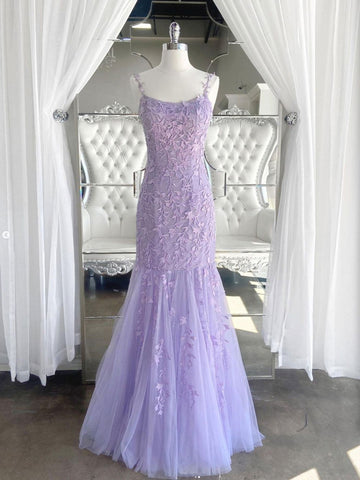 Purple Mermaid Lace Long Prom Dresses, Long Mermaid Purple Lace Formal Evening Dresses