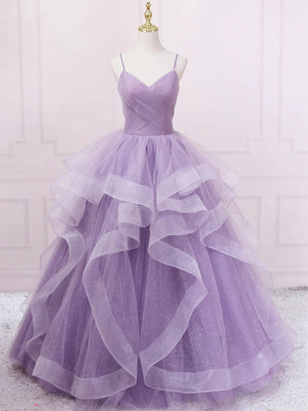 Purple Puffy Tulle Long Prom Dresses, Purple Tulle Long Formal Evening Dresses