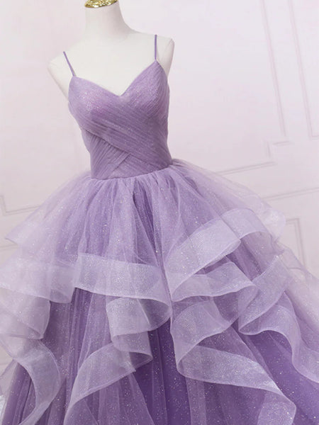 Purple Puffy Tulle Long Prom Dresses, Purple Tulle Long Formal Evening Dresses