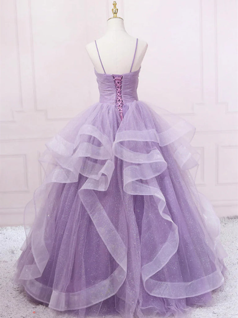 purple puffy dresses Lavender Puffy Tulle A-line Spaghetti Straps Prom Dresses, Evening Gown, MP732