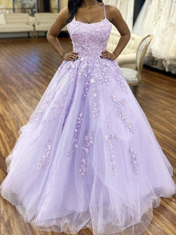 Purple Tulle Lace Prom Dresses, Purple Tulle Lace Formal Evening Dresses