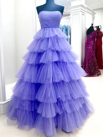 Purple Tulle Layered Long Prom Dresses, Purple Long Tulle Formal Evening Dresses