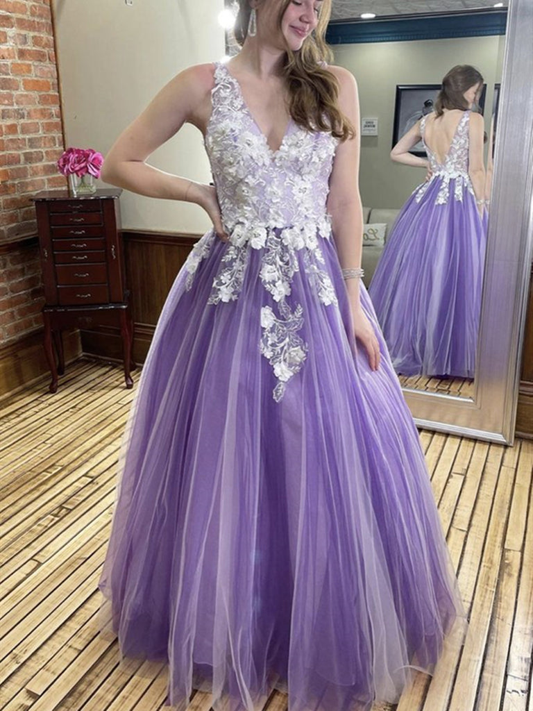 Purple V Neck Lace Floral Prom Dresses, 3D Flower Purple Lace Formal Evening Dresses