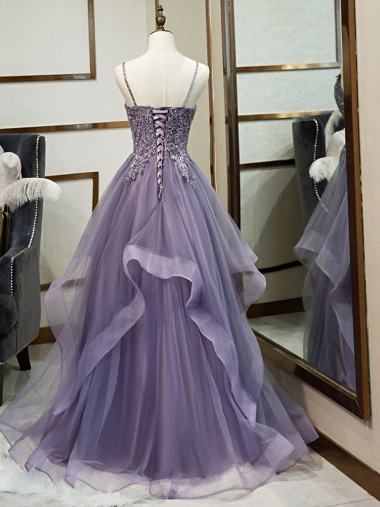 Purple V Neck Lace Prom Dress with Corset Back, Purple V Neck Lace For jbydress Purple V Neck Lace Prom Dress with Corset Back, Purple V Neck Lace For jbydress