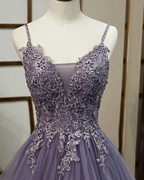 Purple V Neck Lace Prom Dress with Corset Back, Purple V Neck Lace Formal Evening Dresses