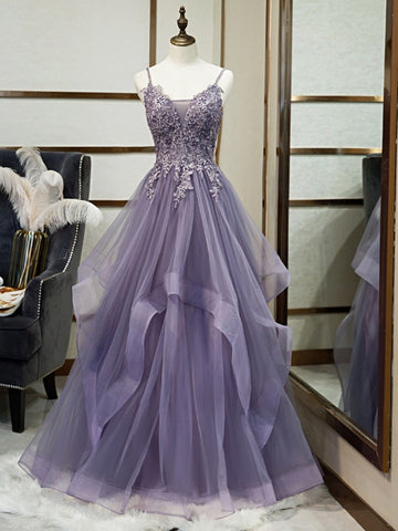 Purple V Neck Lace Prom Dress with Corset Back, Purple V Neck Lace Formal Evening Dresses