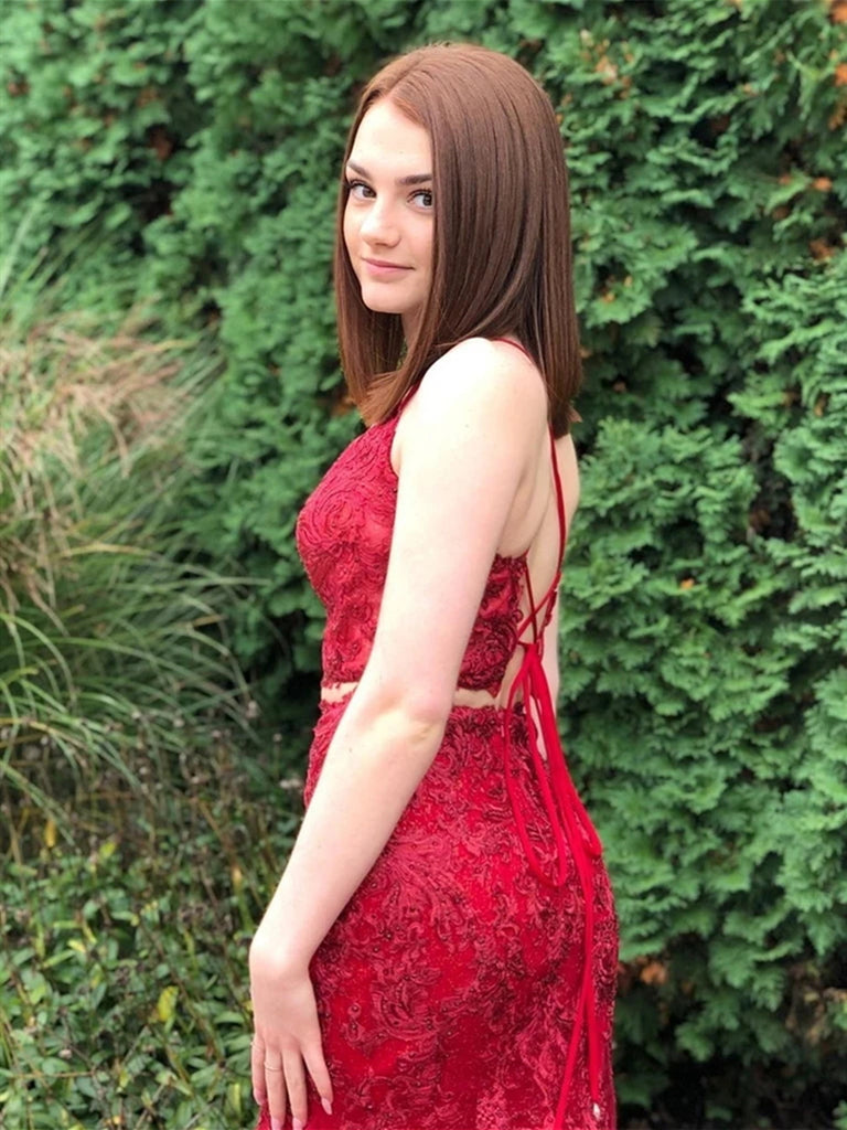 Red 2 Pieces Lace Mermaid Prom Dresses, Two Pieces Red Mermaid Lace Fo jbydress Red 2 Pieces Lace Mermaid Prom Dresses, Two Pieces Red Mermaid Lace Fo jbydress