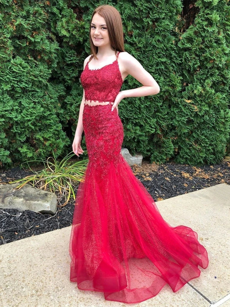 Red Pieces Lace Mermaid Prom Dresses, Two Pieces Red Mermaid