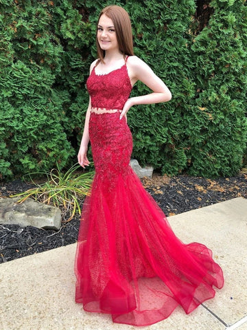 Red 2 Pieces Lace Mermaid Prom Dresses, Two Pieces Red Mermaid Lace Formal Evening Dresses