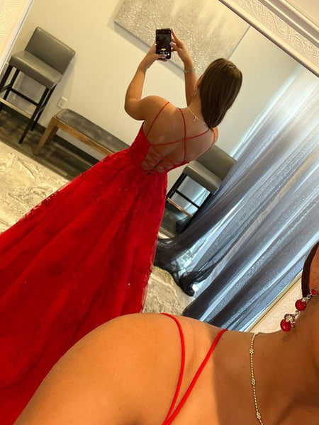 Red Backless Lace Prom Dresses, Open Back Red Lace Formal Graduation Dresses