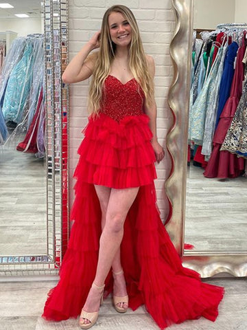 Red Beaded High Low Prom Dresses, Red High Low Formal Graduation Dresses