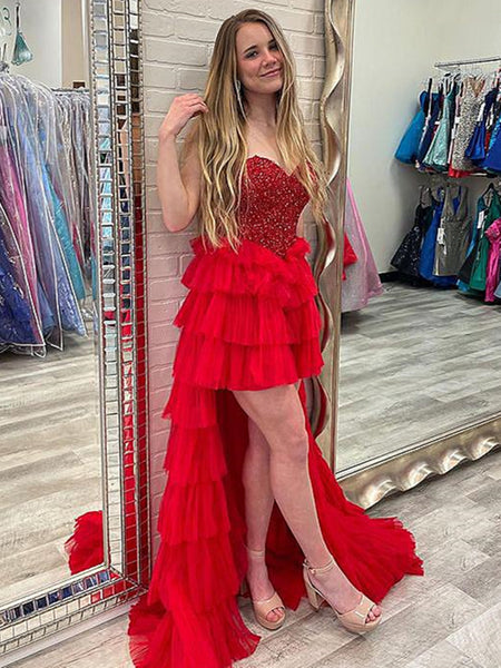 Red Beaded High Low Prom Dresses, Red High Low Formal Graduation Dresses