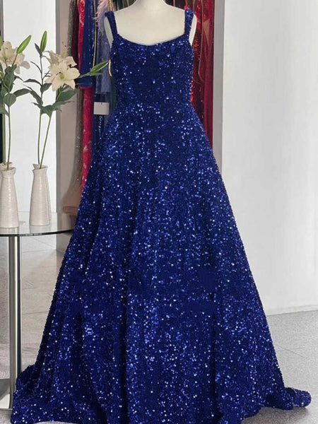 Red Blue Square Neck Sequin Long Prom Dresses, Red Blue Long Formal Evening Dresses