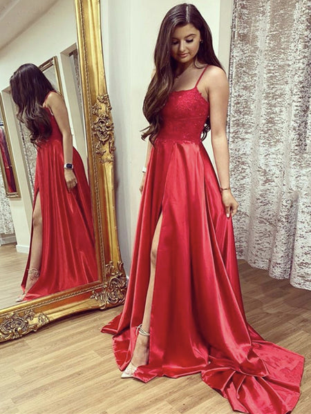 Red Long Lace Prom Dress with Leg Slit, High Slit Red Lace Formal Evening Dresses