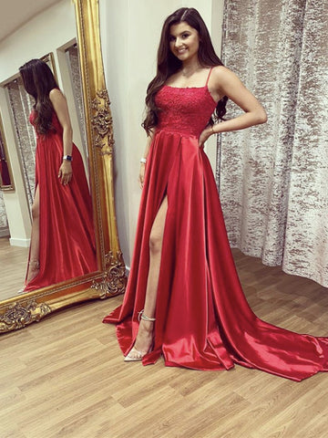 Red Long Lace Prom Dress with Leg Slit, High Slit Red Lace Formal Evening Dresses