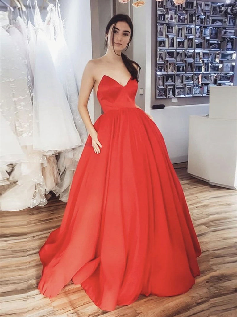 Red Long Satin Prom Dresses, Red Long Satin Formal Evening Dresses