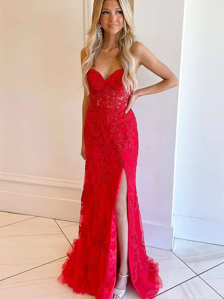 Red Mermaid Long Lace Prom Dresses, Red Mermaid Long Lace Formal Evening Dresses