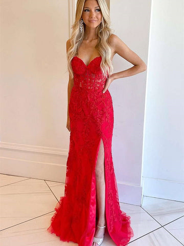 Red Mermaid Long Lace Prom Dresses, Red Mermaid Long Lace Formal Evening Dresses