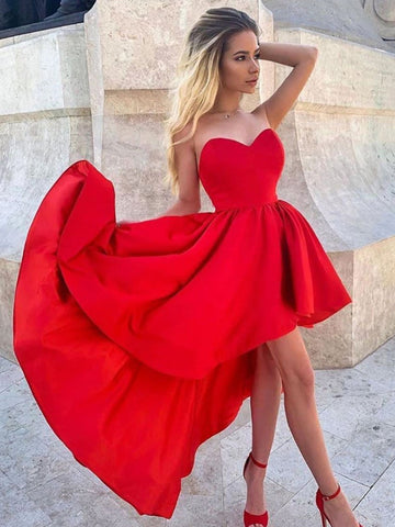 Red Satin High Low Prom Dresses, Red Satin High Low Formal Evening Dresses