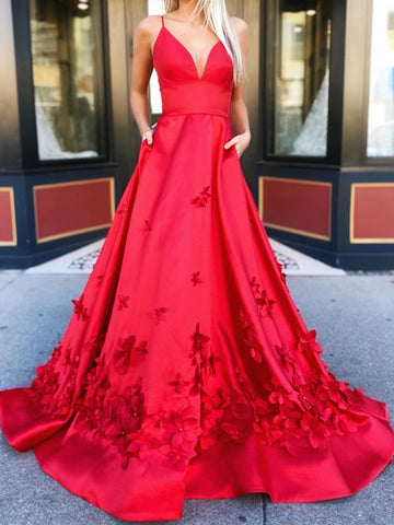 Red V Neck Satin Long Prom Dresses, Red V Neck Long Satin Formal Evening Dresses