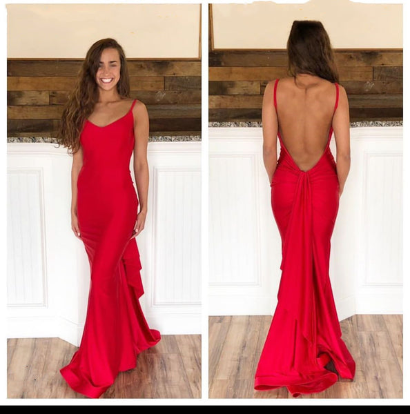 Red Mermaid Backless Long Prom Dresses, Red Mermaid Open Back Formal Evening Dresses