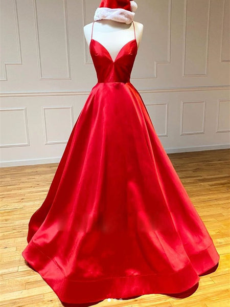 Red V Neck Backless Prom Dresses, Red Open Back Formal Graduation Evening Dresses