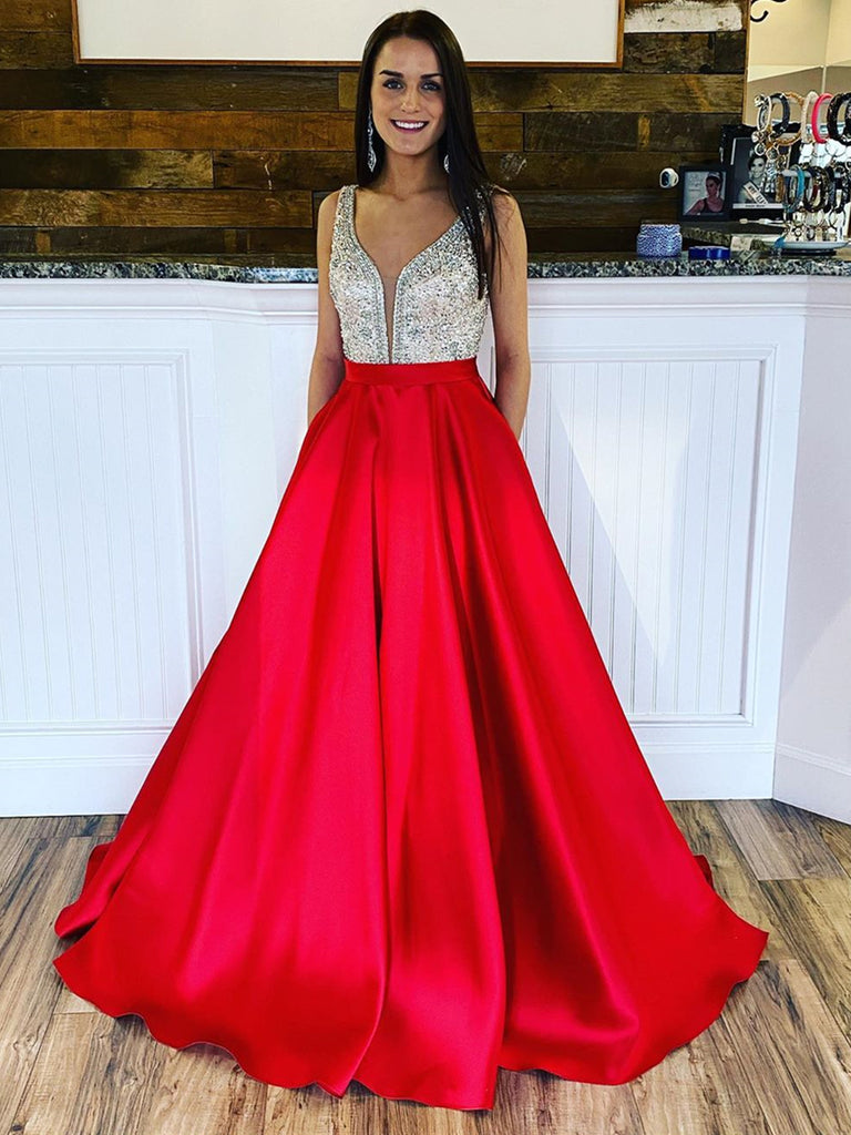 Red V Neck Satin Prom Dresses with Beaded Top, Red Satin Long Formal E jbydress Red V Neck Satin Prom Dresses with Beaded Top, Red Satin Long Formal E jbydress