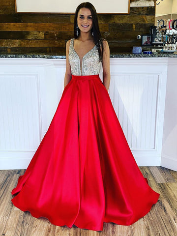 Red V Neck Satin Prom Dresses with Beaded Top, Red Satin Long Formal Evening Dresses