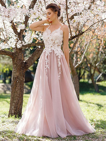 Round Neck Blush Pink Long Lace Prom Dresses, Blush Pink Lace Formal Evening Dresses