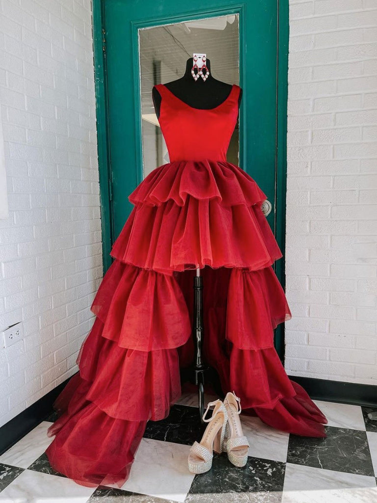 Round Neck Dark Red High Low Prom Dresses, Dark Red High Low Formal Ev jbydress Round Neck Dark Red High Low Prom Dresses, Dark Red High Low Formal Ev jbydress