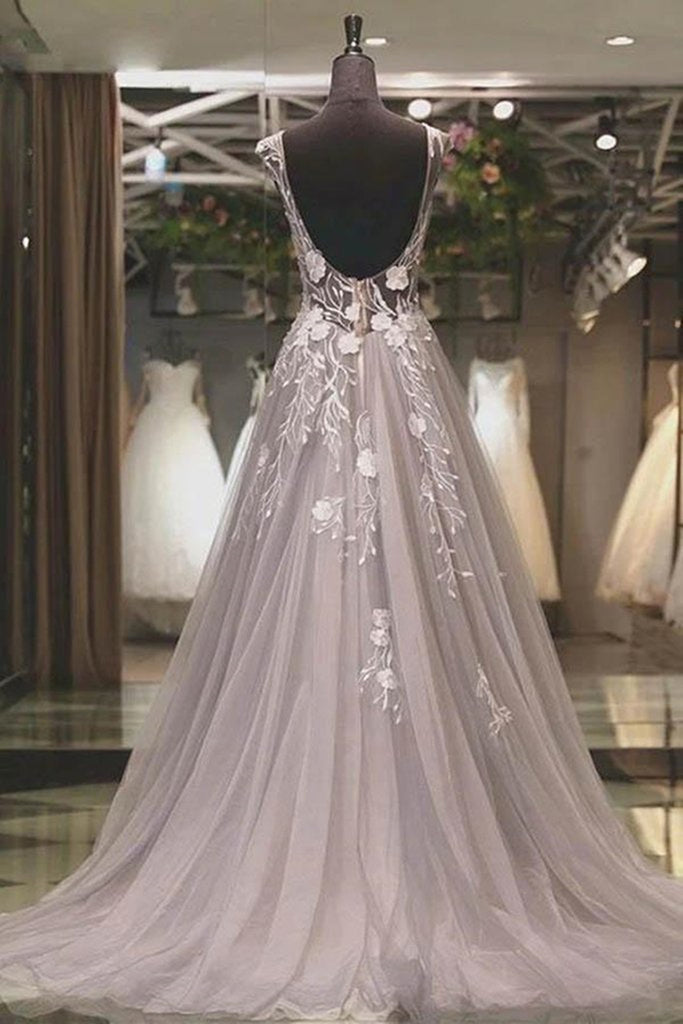 Round Neck Light Gray Lace Prom Dresses, Light Grey Long Lace Formal E jbydress Round Neck Light Gray Lace Prom Dresses, Light Grey Long Lace Formal E jbydress