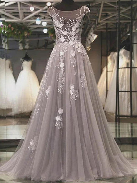 Round Neck Light Gray Lace Prom Dresses, Light Grey Long Lace Formal Evening Dresses