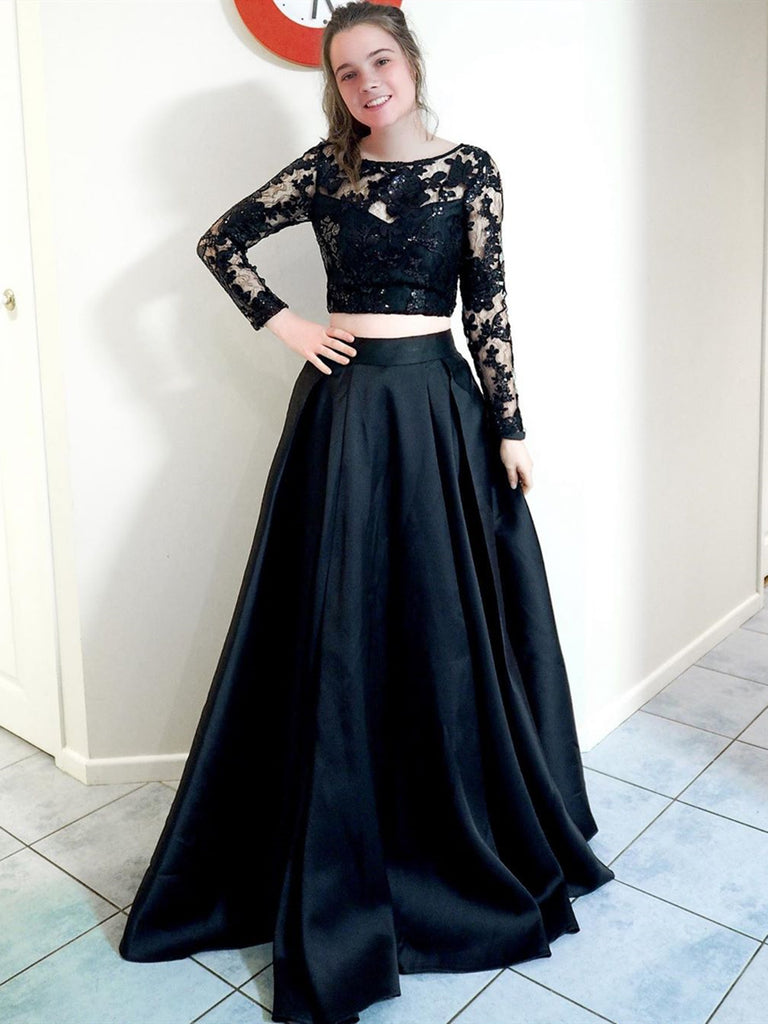 Two Pieces Long Sleeves Lace Black Prom Dresses, 2 Piece Black