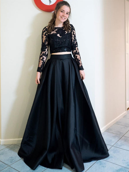 Round Neck Long Sleeves Two Pieces Black Lace Prom Dresses, 2 Pieces Black Lace Formal Evening Dresses