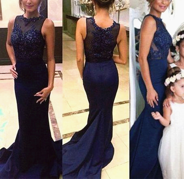 Round Neck Mermaid Sweep Train Navy Blue Lace Prom Dresses, Navy Blue Lace Formal Dresses