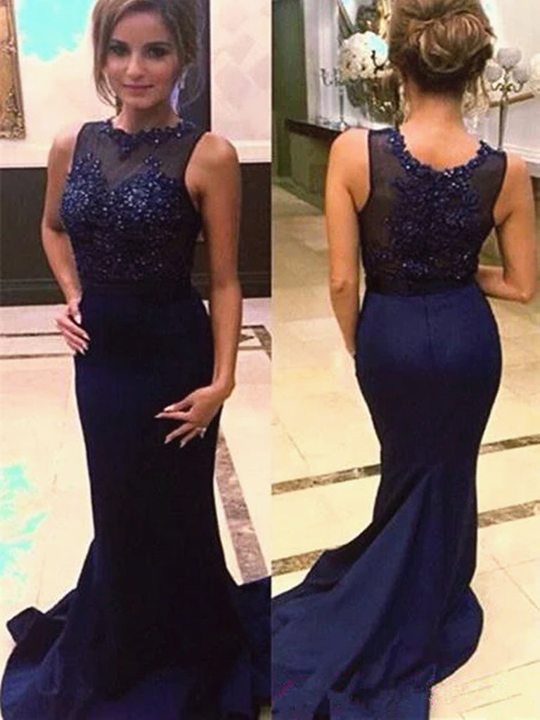 Round Neck Mermaid Sweep Train Navy Blue Lace Prom Dresses, Navy Blue Lace Formal Dresses