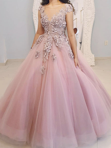 Round Neck Pink Floral Long Prom Dresses, 3D Flower Pink Long Formal Evening Dresses
