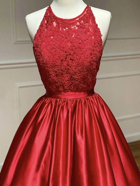Round Neck Red Lace Long Prom Dresses, Red Lace Formal Evening Graduation Dresses